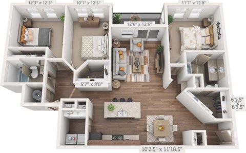 Floor plan for 3 beds, 2 baths, 1336 sqft